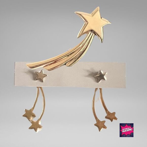 Vintage 80s Shooting Star Jewelry Set - Brooch Pin and Dangling Earrings - NIB - Picture 1 of 4